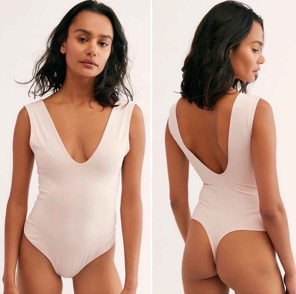 Free People V-Neck Bodysuit Blush Pink Thong Stretch Size Large